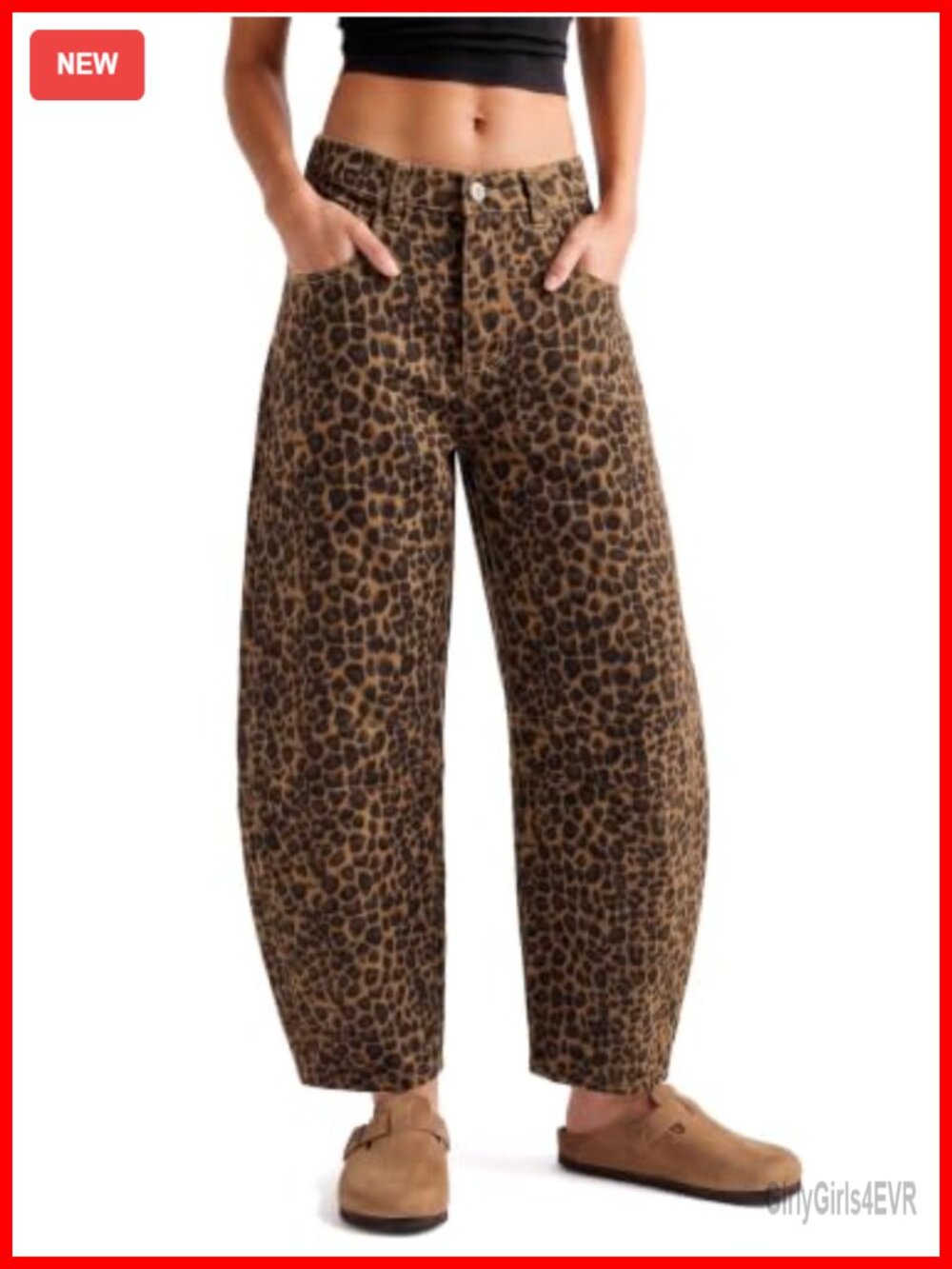 Womens Leopard Print Barrel Jeans High Waisted Cropped Cotton Blend Denim